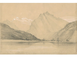'Wallenstadten See. Glannish Looking towards Linthal' Lake with mountains behind.