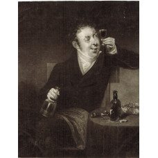 'The Bee's Wing' Gentleman Three-Quarter length, seated, eyes glass of wine holding decanter, bottle and corkscrew on table, by Henry Edward Dawe [1790-1848].