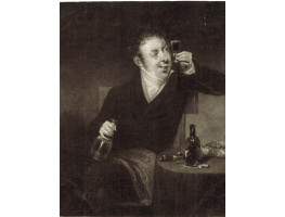 'The Bee's Wing' Gentleman Three-Quarter length, seated, eyes glass of wine holding decanter, bottle and corkscrew on table, by Henry Edward Dawe [1790-1848].