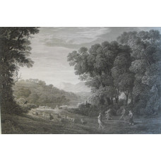 'Une Danse au Soleil Couchant'  Wooded landscape with goats and figures, woman dancing to bagpipes, by Francois Godefroy [1743-1819]  after drawing by Marchais.