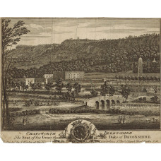 'Chatsworth in Derbshire The Seat of his Grace the Duke of Devonshire' View of park and house, with figures, horses and carriage, and waterworks