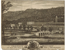 'Chatsworth in Derbshire The Seat of his Grace the Duke of Devonshire' View of park and house, with figures, horses and carriage, and waterworks
