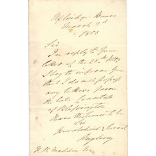 AUTOGRAPH LETTER SIGNED, to R.R. Madden, Uxbridge House, 3 March 1853, 1p,