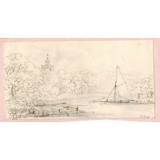 'Putney'  View of Thames with a sailing boat and tower behind trees.