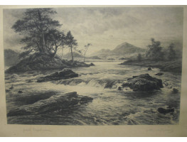 'On the Garry', River flowing through mountain landscape, after Joseph Farquharson [1846-1835].