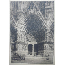 Entrance of Seville Cathedral. Figures by doorway with arch and rose window.