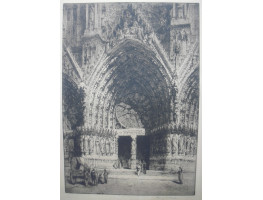 Entrance of Seville Cathedral. Figures by doorway with arch and rose window.