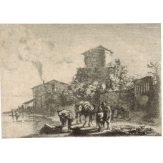 The muleteer on the Via Appia. Landscape with the muleteer in conversation with a boy in central foreground, the mule carrying barrels and facing right, in left foreground on the banks of a river a male figure seen from behind and tying his shoelaces, smo