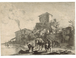 The muleteer on the Via Appia. Landscape with the muleteer in conversation with a boy in central foreground, the mule carrying barrels and facing right, in left foreground on the banks of a river a male figure seen from behind and tying his shoelaces, smo