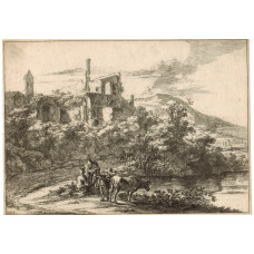 View of Tivoli with two cowherds in conversation. Landscape with also two cows standing on the banks of the river at right, buildings in left middle distance, and ruins of Hadrian's Villa in right background; from a series 'Views of Rome and its Surroundi
