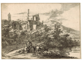 View of Tivoli with two cowherds in conversation. Landscape with also two cows standing on the banks of the river at right, buildings in left middle distance, and ruins of Hadrian's Villa in right background; from a series 'Views of Rome and its Surroundi