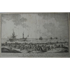 'Prospect of the French Frigat la Felicite Capt. Denel chased Upon the Shore at the Height of 'S Gravez and by an English Frigat, the Richmond, Capt. Elphinston'. Crowded beach wth numerous horses and carriages, damaged frigate and other ships at sea.