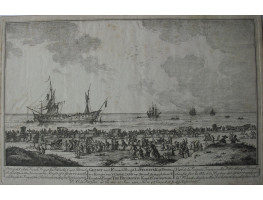 'Prospect of the French Frigat la Felicite Capt. Denel chased Upon the Shore at the Height of 'S Gravez and by an English Frigat, the Richmond, Capt. Elphinston'. Crowded beach wth numerous horses and carriages, damaged frigate and other ships at sea.