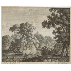 Two figures by weir, cottage to right and tower on hill, engraved by John Smith [1717-1746], dated 1767.