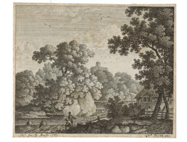 Two figures by weir, cottage to right and tower on hill, engraved by John Smith [1717-1746], dated 1767.