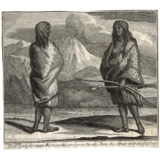 'Two Californian Women, the one in a Birds; Skin the other in that of a Deer' Two native American women, one with bow and arrow, by John Pine.