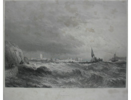 'Beaumaris' View of town with shipping off coast in storm, after David Cox by C. Cousen.