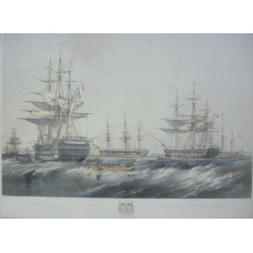'Vessels of the French Imperial Navy Manning and Arming Boats. Baro Sound.'  Rowing boats going to ships Brelau, Duguesclin and Zenobie, by  Thomas Goldsworth Dutton [1819-1891].