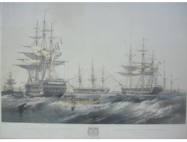 'Vessels of the French Imperial Navy Manning and Arming Boats. Baro Sound.'  Rowing boats going to ships Brelau, Duguesclin and Zenobie, by  Thomas Goldsworth Dutton [1819-1891].