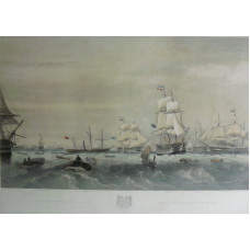 'The Fleet Provisioning at Sea.'  Rowing boats going to ships Caesar, Duke of Wellington, Holyrood, Monarch, Cumberland, Boscawen and Imperieuse, by  Thomas Goldsworth Dutton [1819-1891].