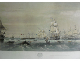 'The Fleet Provisioning at Sea.'  Rowing boats going to ships Caesar, Duke of Wellington, Holyrood, Monarch, Cumberland, Boscawen and Imperieuse, by  Thomas Goldsworth Dutton [1819-1891].