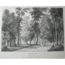 'Hougie Bie Prince's Tower Jersey Taken from the Entrance', figures walking on path between trees, by W. Gauci from a sketch by T. Neel.
