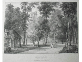 'Hougie Bie Prince's Tower Jersey Taken from the Entrance', figures walking on path between trees, by W. Gauci from a sketch by T. Neel.