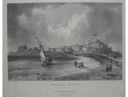 Elizabeth Castle Jersey, Soldiers and other figures walking on the beach by W. Gauci from a sketch by N. de Caris