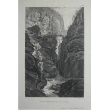 'Le Pont du Milieu de la Via Mala. No. 16.'  View of gorge with a bridge crossing Hinterrhein River by Heinrich Bebi.