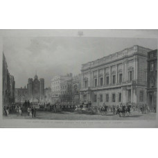 'The South End of St James's Street, the New Club House and St James's Palace (On a Drawing-Room Day)'. Horse guards with carriages on parade with spectators on pavement, after J. Marchant and engraved by H. Adlard [1824-1869].