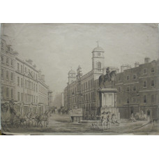 'Charing Cross'  View of Charing Cross looking towards Northumberland House, with equestrian statue of Charles I and coaches and horses.