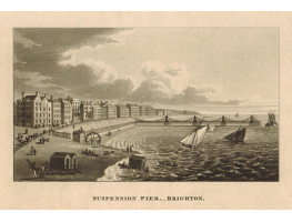 'Suspension Pier. Brighton'. Showing bathing huts, donkeys and big wheel, yachts at sea.
