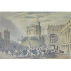 'Quadrangle Looking West Windsor Castle'. Troop of Life guards in front of Round Tower with spectators.