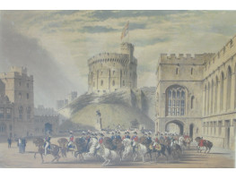 'Quadrangle Looking West Windsor Castle'. Troop of Life guards in front of Round Tower with spectators.