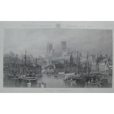 'Lincoln Cathedral'. Shipping on river in foreground, engraved by B. Lasbury.