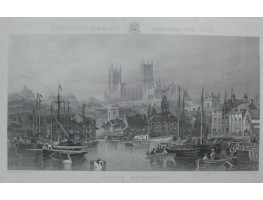 'Lincoln Cathedral'. Shipping on river in foreground, engraved by B. Lasbury.