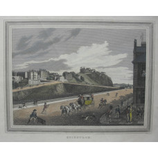 "Edinburgh". View from Princes Street looking towards the Royal Mound and the castle, pedestrians and coach and four  in foreground, in engraved border.