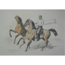 'Croquis Equestre'. Military uniformed rider on bay horse, leading a prancing horse, steam train in background, within border.