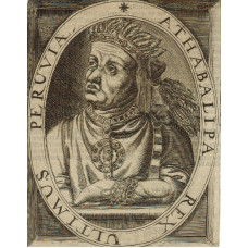 Engraved Portrait of Atahualpa, Half Length in headress, looking left, in oval, text on reverse,