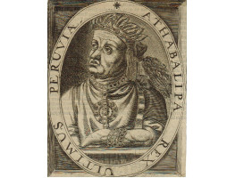 Engraved Portrait of Atahualpa, Half Length in headress, looking left, in oval, text on reverse,