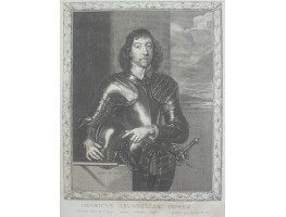 'Henricus Arundellia Comes' Portrait of Henry 3rd Earl of Arundel, [1608-1652], three-quarter length, standing, almost facing front, wearing armour, and holding helmet, in ornate frame, by Pierre Lombart [1612/3-1681].