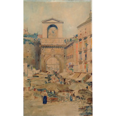 Market at Porta Capuana, Naples, with accompanying view of Neapolitan street scene, with ironmonger's in foreground.
