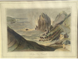 'Mullyan Cove Cornwall', Mullion Cove, sea crashing on rock, men dragging boat, by and after W. Daniell.