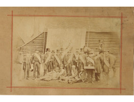 Members of Independent Order of Odd Fellows, Bedford, one on horseback the others standing with sashes, in front of banner.