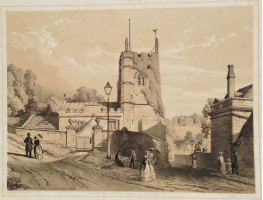 'Widcombe Old Church Bath' Figures walking in street,Prior Park in Distance, by John Syer [1815-1885].