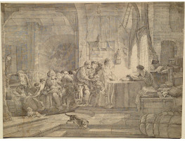 Parable of the Labourers in the Vineyard. Owner seated at table, with labourers and assistant after Rembrandt.