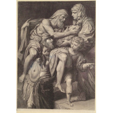 Aeneas is standing with his father Anchises on his shoulders as he rescues him from the fire of Troy, and he receives the household gods from his wife, Creusa, after D. Zampieri, il Domenichino [1581-1641].