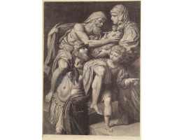 Aeneas is standing with his father Anchises on his shoulders as he rescues him from the fire of Troy, and he receives the household gods from his wife, Creusa, after D. Zampieri, il Domenichino [1581-1641].