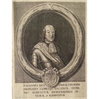 Engraving of John, Prince of Anhalt-Zerbst. Half length with curled hair, lace tie, armour, and sash, within an oval border with coat of arms and Latin inscription below.