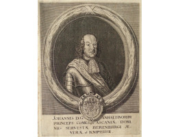 Engraving of John, Prince of Anhalt-Zerbst. Half length with curled hair, lace tie, armour, and sash, within an oval border with coat of arms and Latin inscription below.
